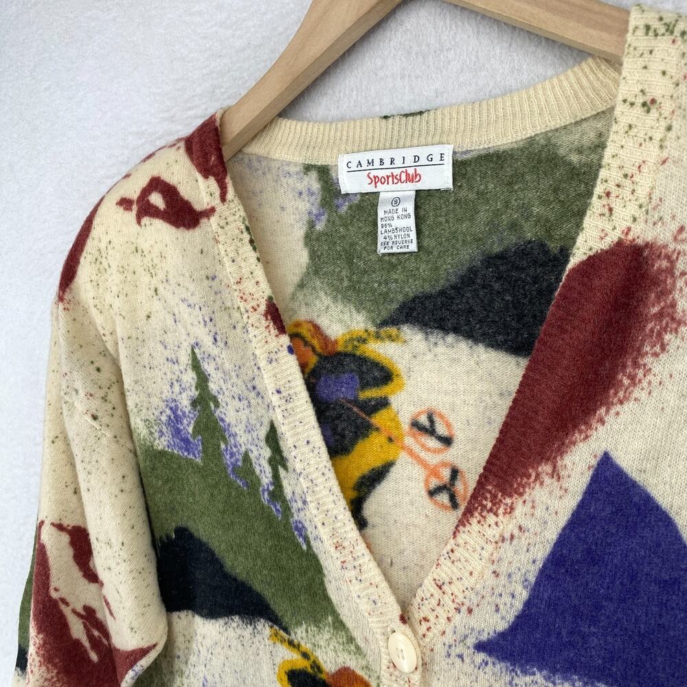 CAMBRIDGE Sweater S Cardigan Lambswool Ski Apres Aspen Sun Valley Chic VTG Beige - Picture 5 of 11